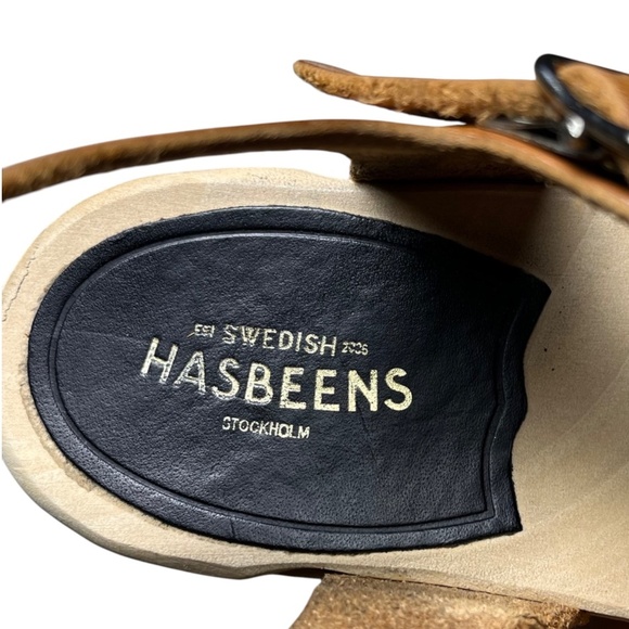 Swedish Hasbeens Kringlan Wood Clogs Heels Tan Woven Leather Sandals EU 39 US 9 - Picture 10 of 13